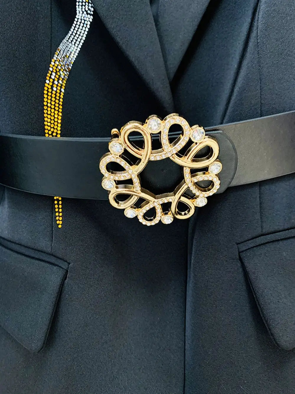 Suit Pants Set Two Piece Office Ladies Printed Business Diamond Belt Single Button Horn Pants Suit+Pants Formal Set