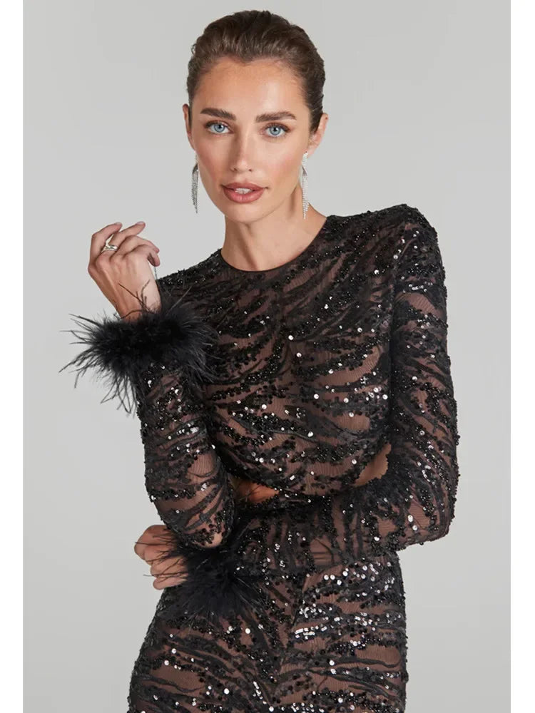 New Winter Cut Out Feather Mesh Sequins Black Bodycon Jumpsuit Celebrity Designer