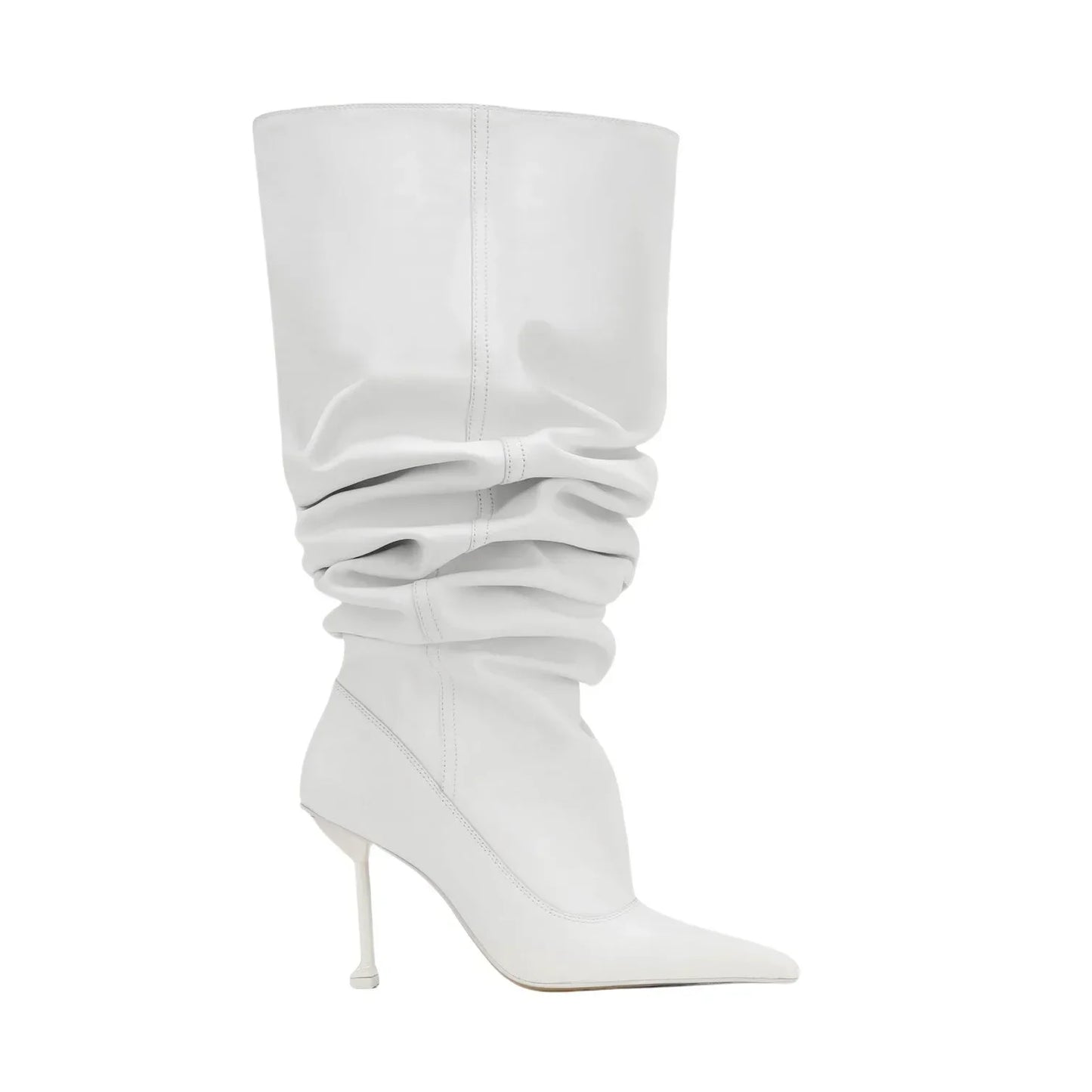 New Wrinkled Patent Leather Pointed High-heeled Stacked Boots with Large Tube Circumference, European and American Long Boots