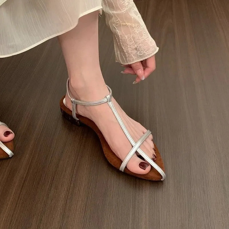 Fashion Sandals Thin Low Heels Pointed Open Toe Ankle Strap Dress Shoes,Solid Color Summer Thin Low Heels Sandals