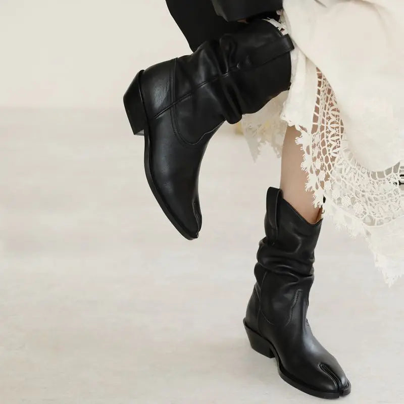 Boots Split Toe Shoes Black Ankle Cowboy Boots Chunky Heel Slip-on Leather Boots