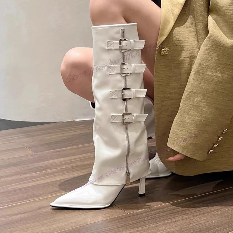 Brown Strappy Buckle Knee High Boots Pointed Toe Shoes Zapatos Para Mujere