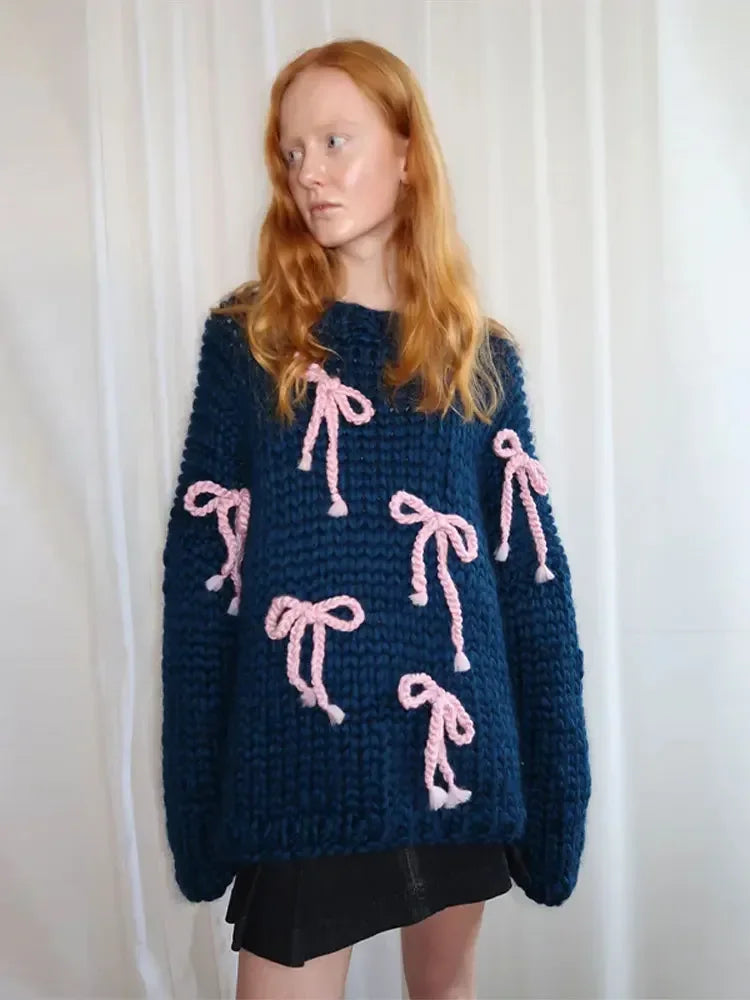 Contrast Bow Lace-up Knitted Pullover Long Sleeve Loose Sweater