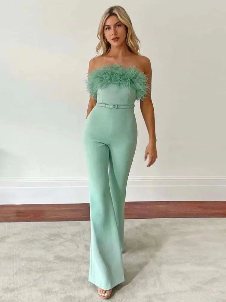 Open Back Tight Wide Leg Luxury Feather Sexy Strapless Bandage jumpsuit Women Jumpsuits