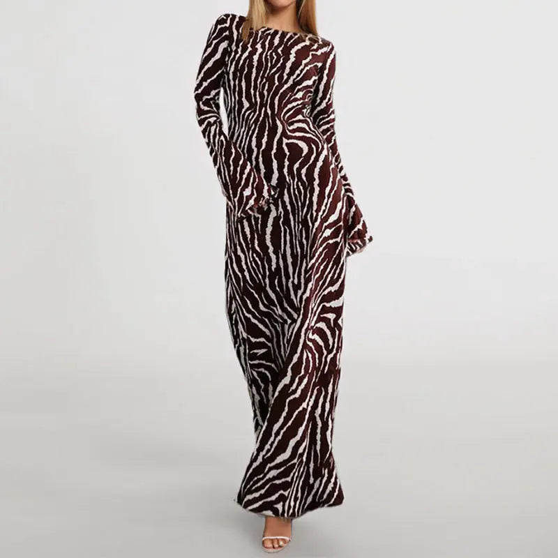 Elegant Women Brown Zebra Stripes Maxi Dress Chic Slim Boho Ankle-length Dress Female Spring Summer Long Sleeve Party Dress