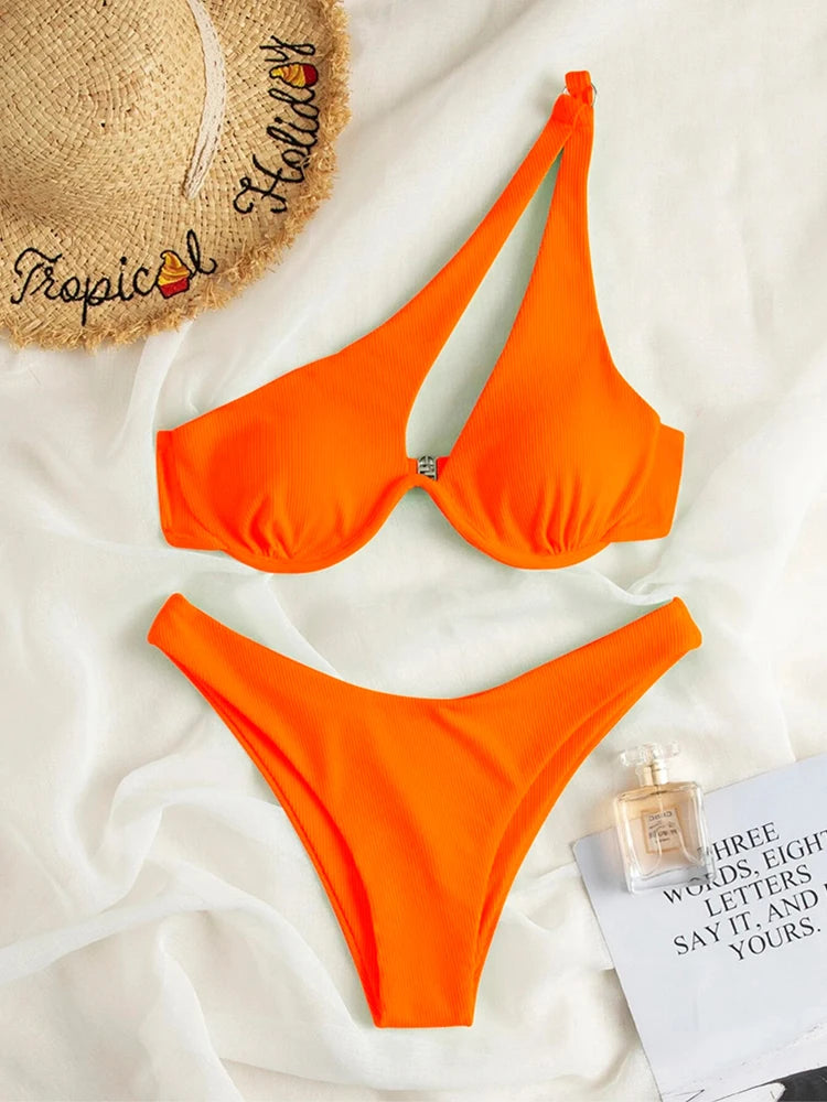 One Shoulder Biquini High Cut Bathing Suits Push Up Beach Bikini Set
