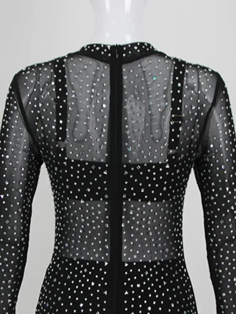 Rhinestone Mesh See Though Black Bodycon Jumpsuit Designer