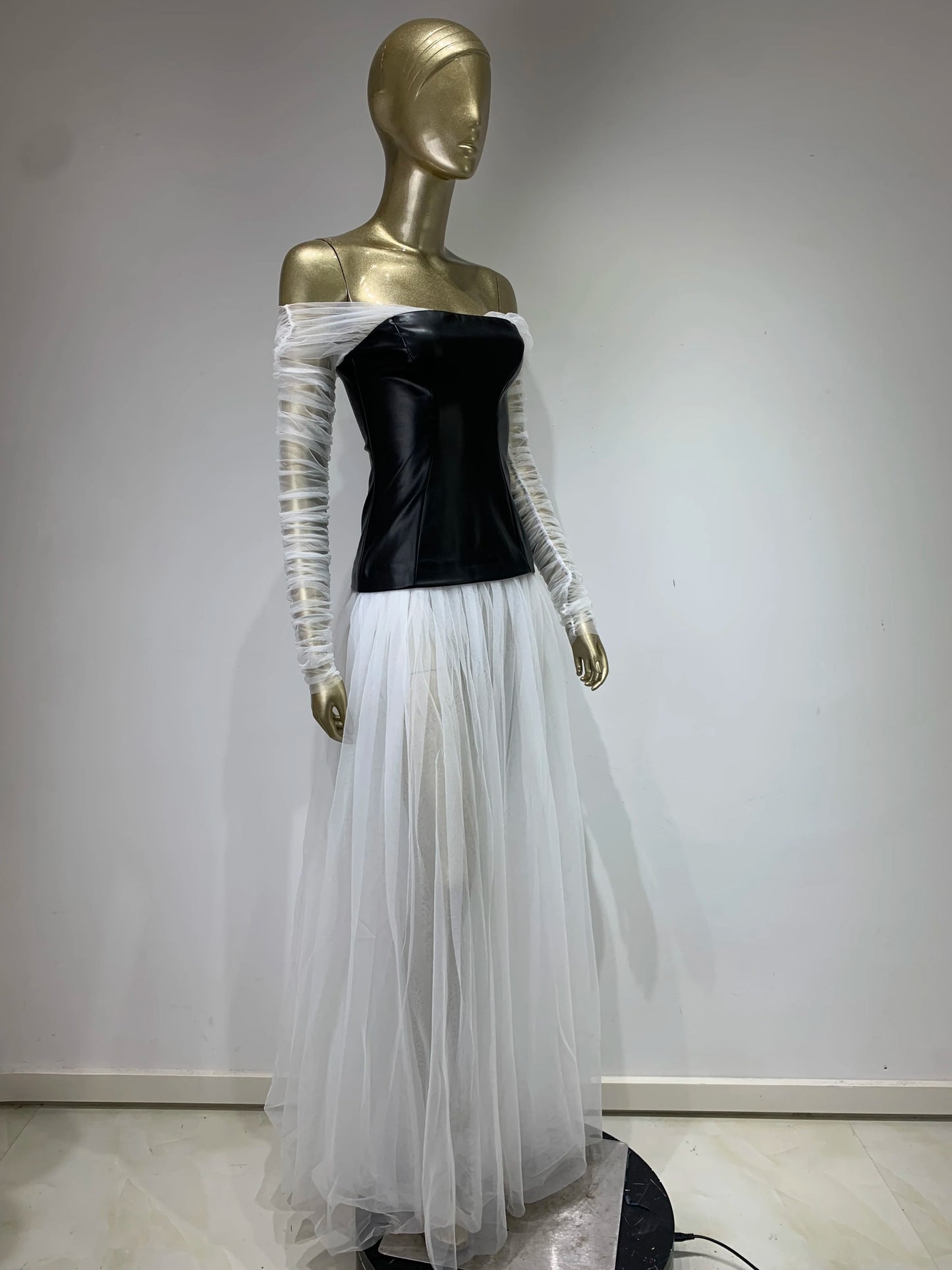 Luxury Off Shoulder Mesh Leather Patchwork Pleated Maxi Long Gowns Dress