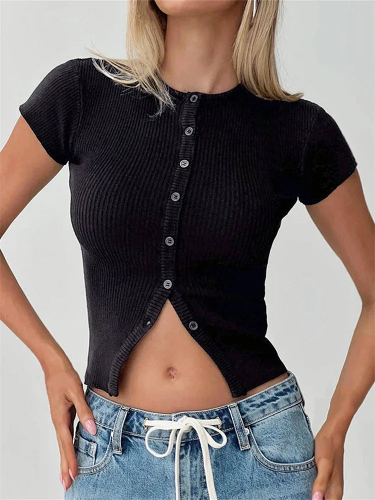Women's Summer Tops Short Sleeve Round Neck Button Up Slim Fit T-shirt Solid Color Casual Shirts