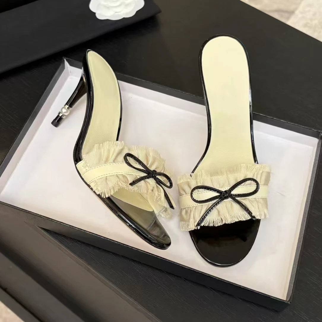 2025 New Arrival Summer Pleaed Open-Toe High Heel Woman Slippers Butterfly-Knot Decora Stiletto