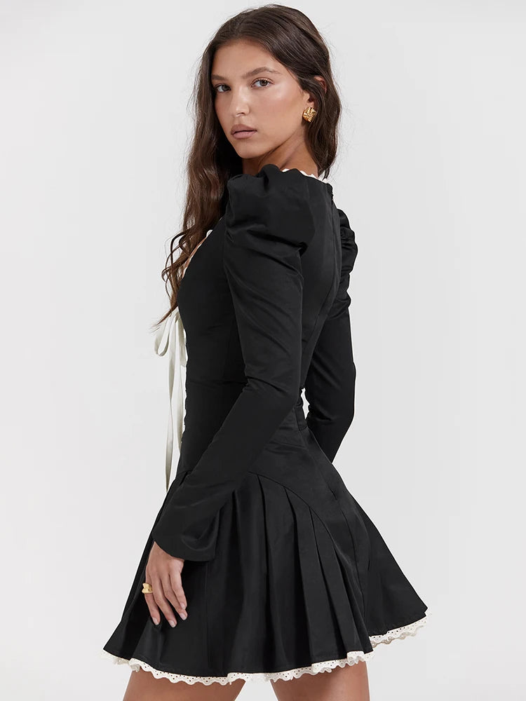 Lace Bandage Puff Sleeve Mini Dress Square Collar Ruched Dress Vintage Elegant