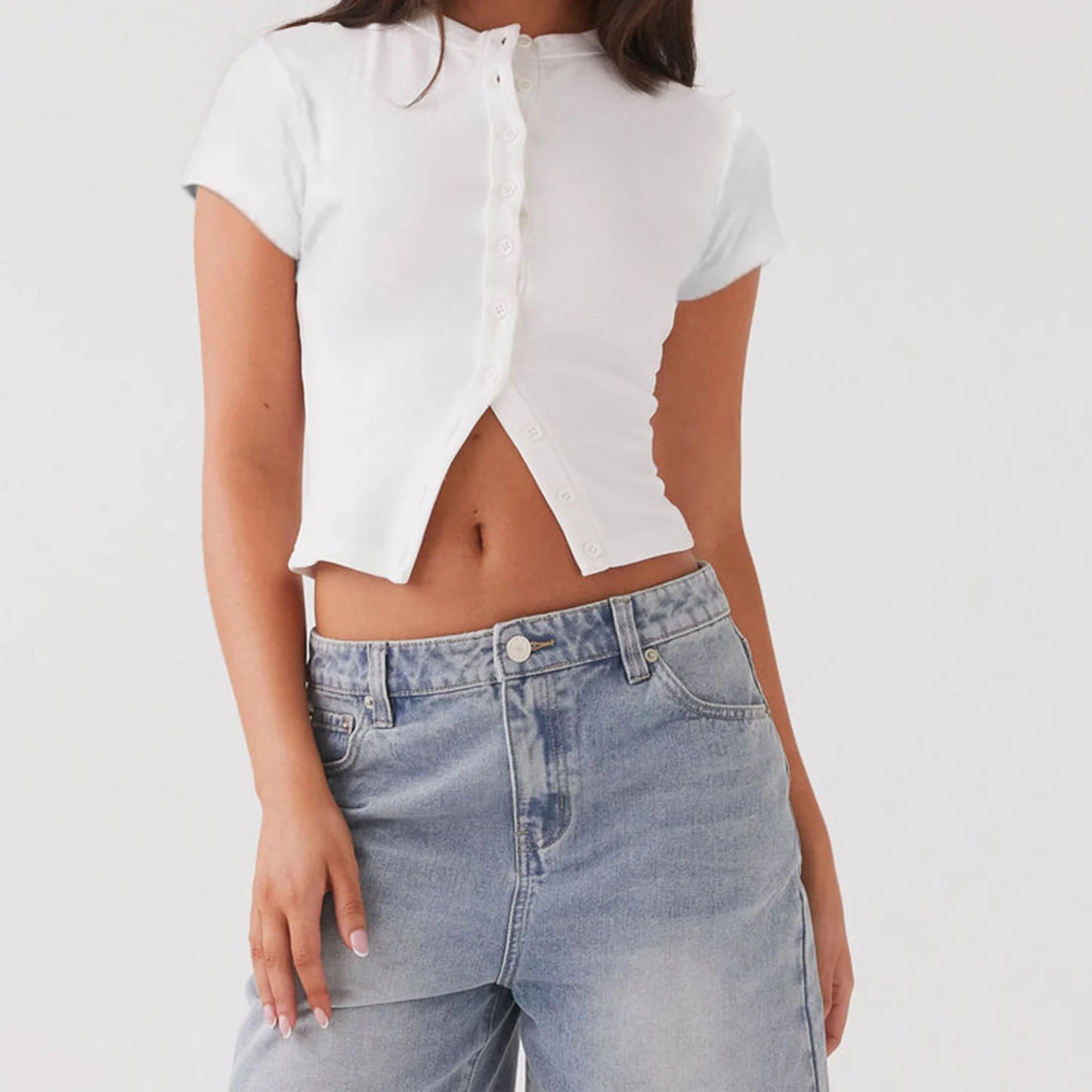 Sumemr Short Sleeve T Shirts for Women Ribbed Casual Slim Fits Tops Tee Fashion Y2K Clothes T-shirt Solid Button Up Tees Tops