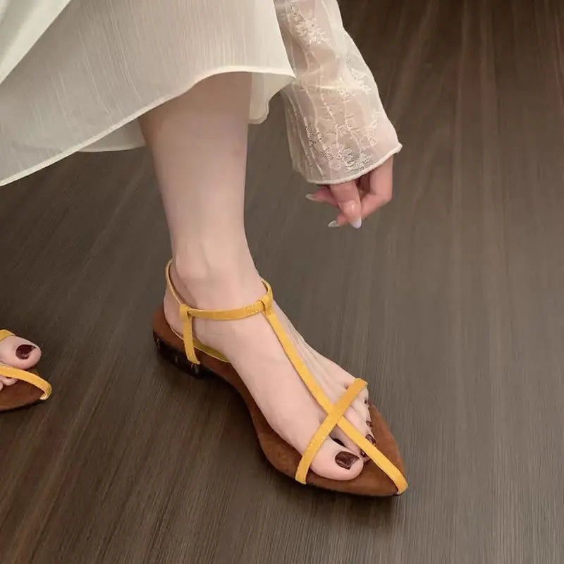 Fashion Sandals Thin Low Heels Pointed Open Toe Ankle Strap Dress Shoes,Solid Color Summer Thin Low Heels Sandals