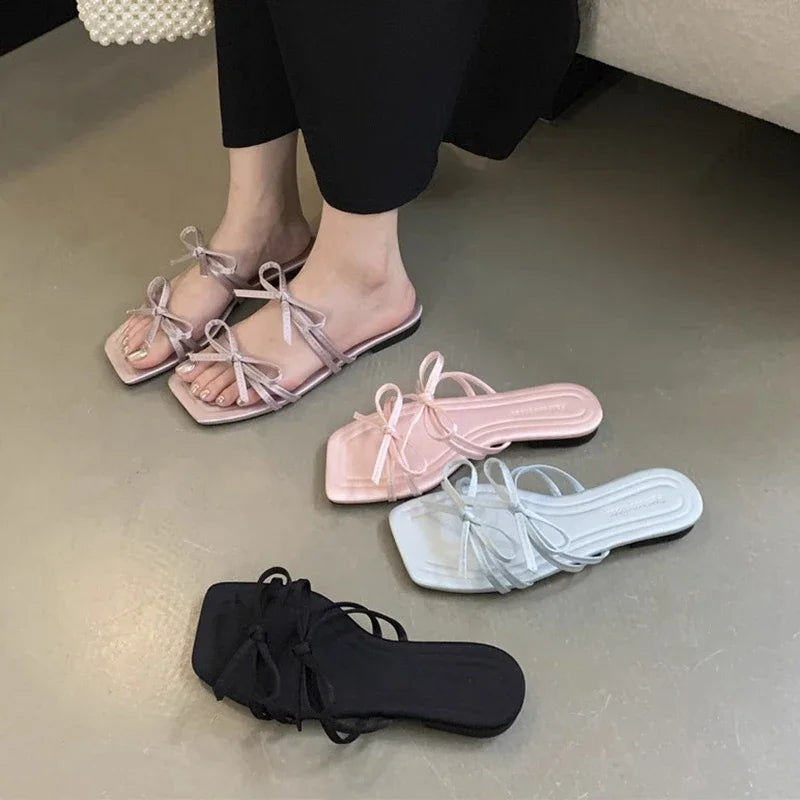 Fashion Bow-knot Shoes Square Toe Slip On Slides Shoes Flat Heel Sandals