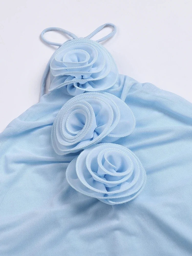 3D Flower Bodycon Long Dress Women Light Blue Sleeveless Lace-up Floor Length Dress