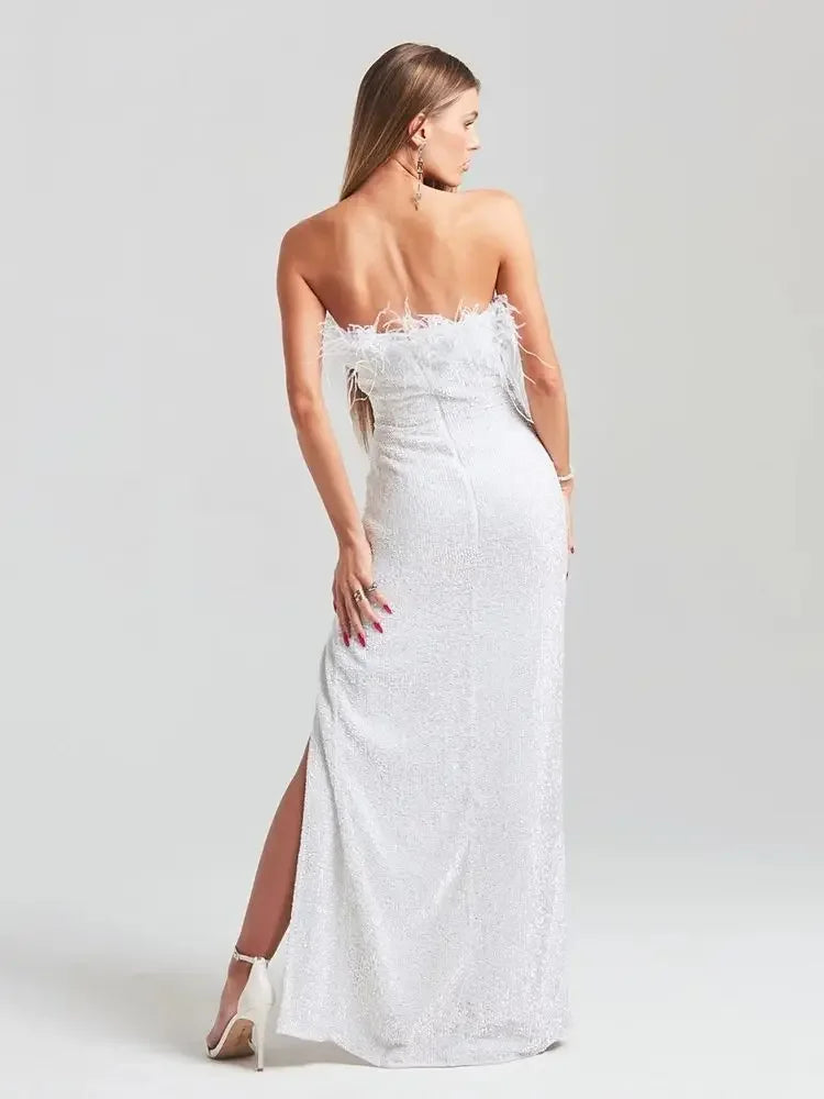 High Quality White Rose Red Strapless Feather Sequins Long High Split Dress Elegant Celebrity Party Bridal Wedding Dress
