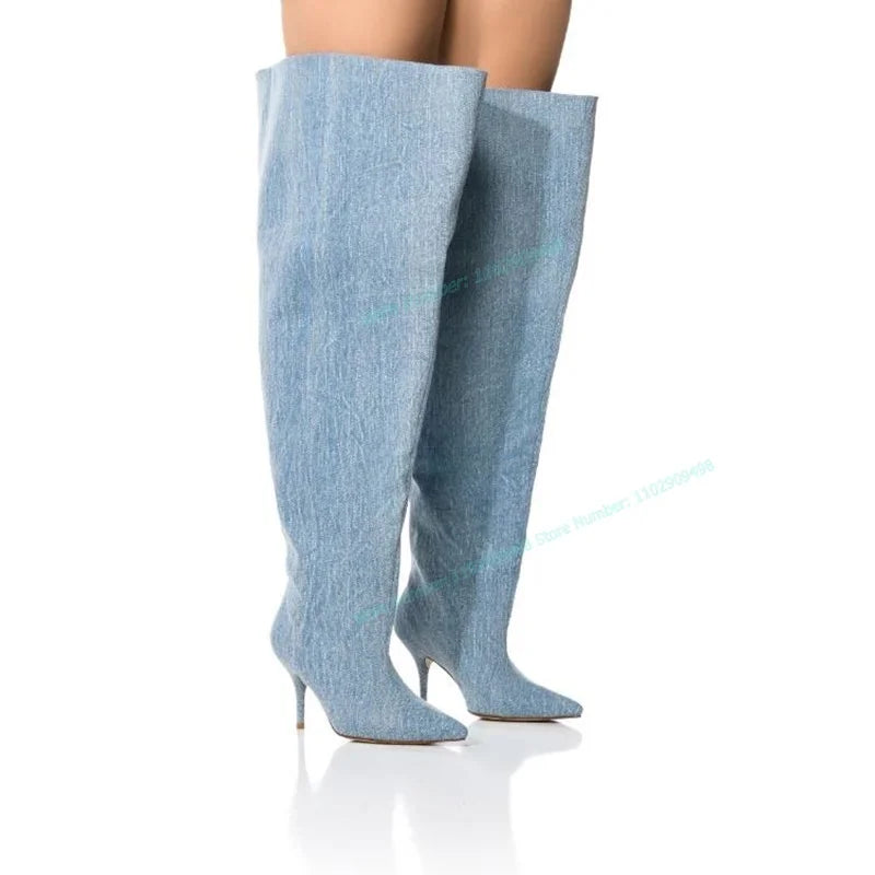 Army Green Denim Knee High Boots Loose Pointed Toe Shoes