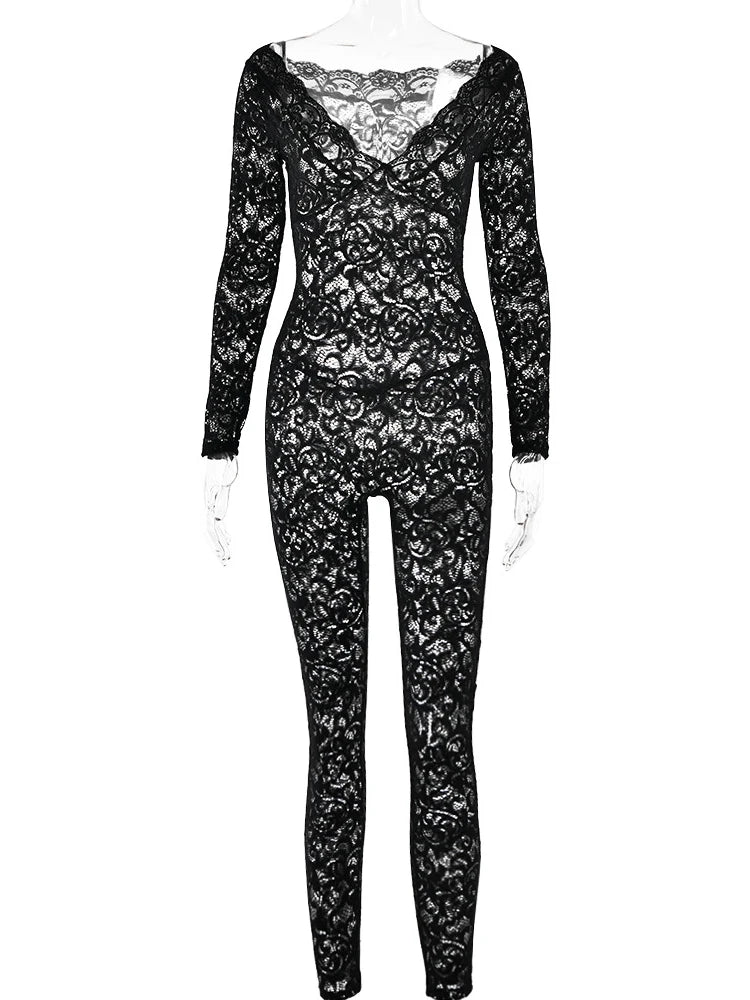 Fantoye See Through Lace Women Jumpsuit Black Long Sleeve Deep V-neck Jumpsuit