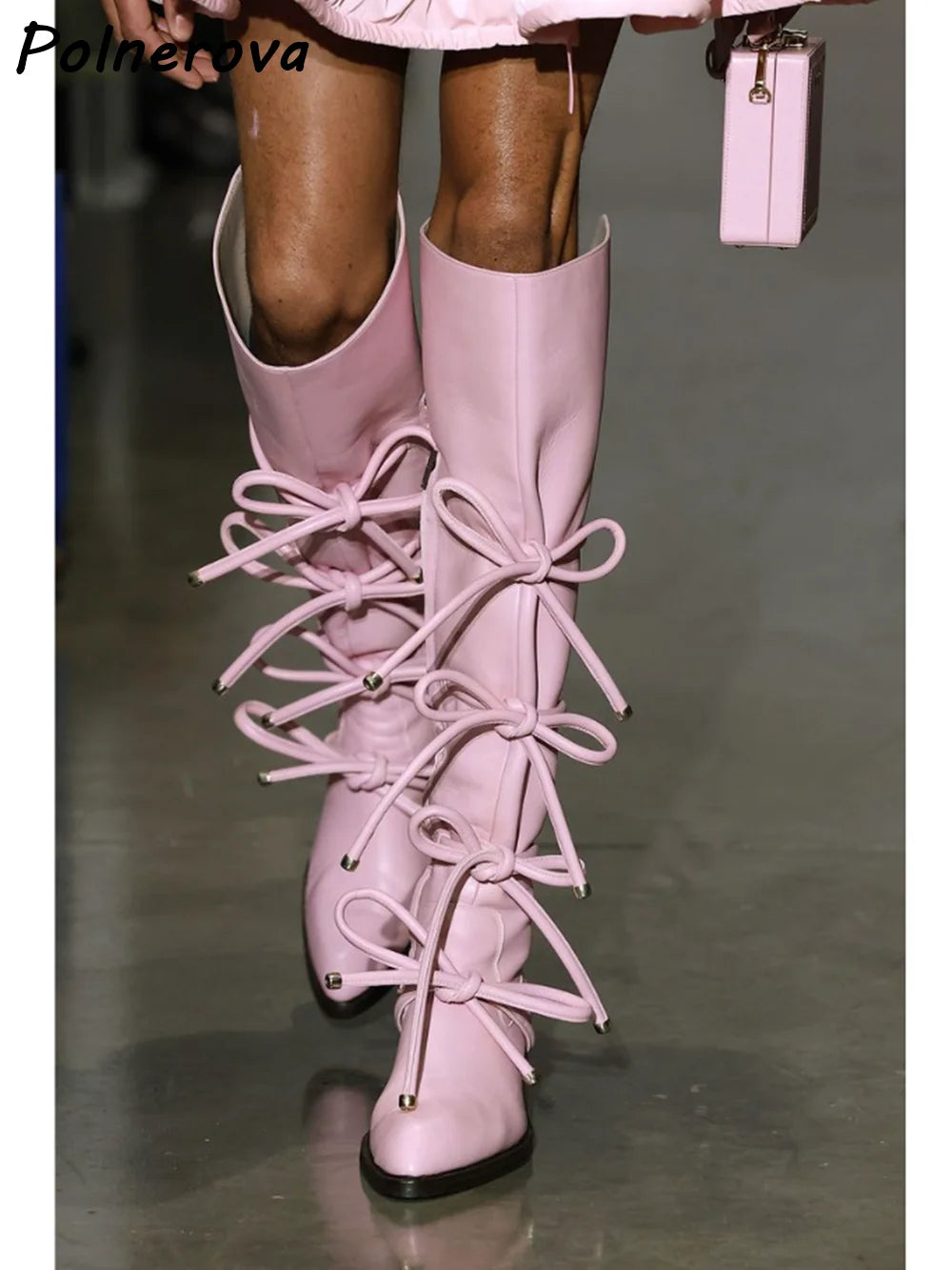 Bows Leather Knee High Boots Solid Pink Pointy Toe Runway Winter Long Boots 2025 Women's Fashion Sexy Luxury Shoes 2025