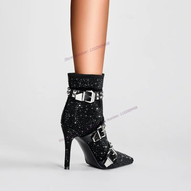 Black Crystal Decor Ankle Boots Strappy Decor Pointed Toe Shoes Thin High Heels