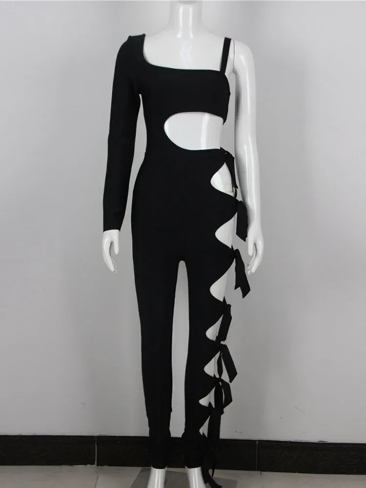 New Arrival Summer Style Long Sleeve Cut Out Black Bodycon Bandage Jumpsuit