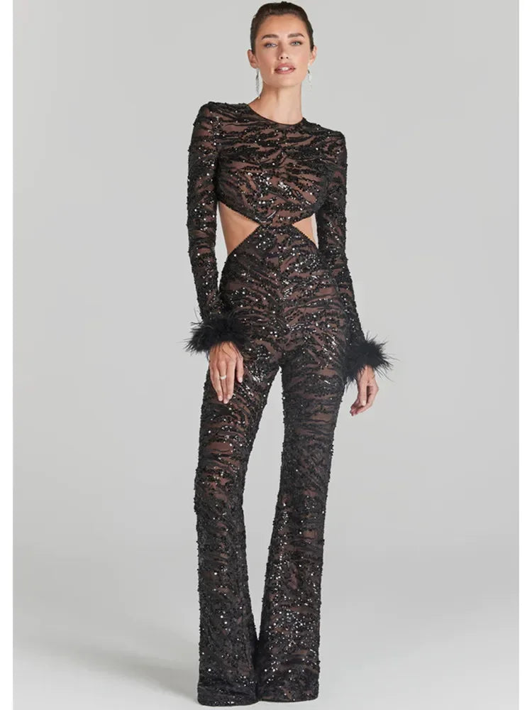 New Winter Cut Out Feather Mesh Sequins Black Bodycon Jumpsuit Celebrity Designer