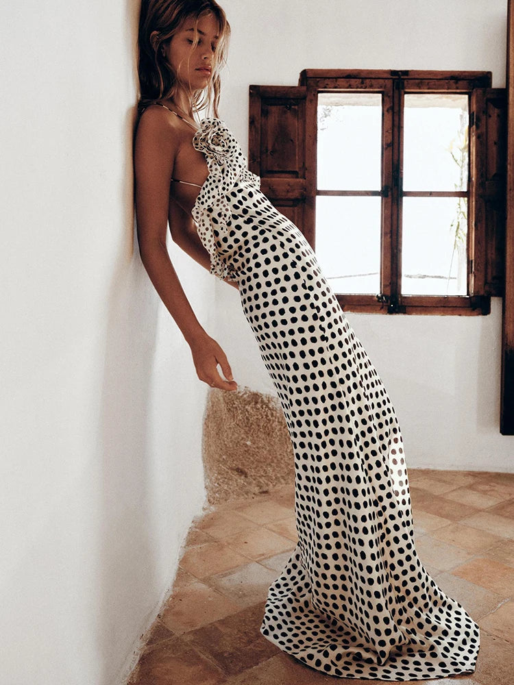 Backless Print Dots Flower Women Maxi Dress Spaghetti Strap Evening Dress