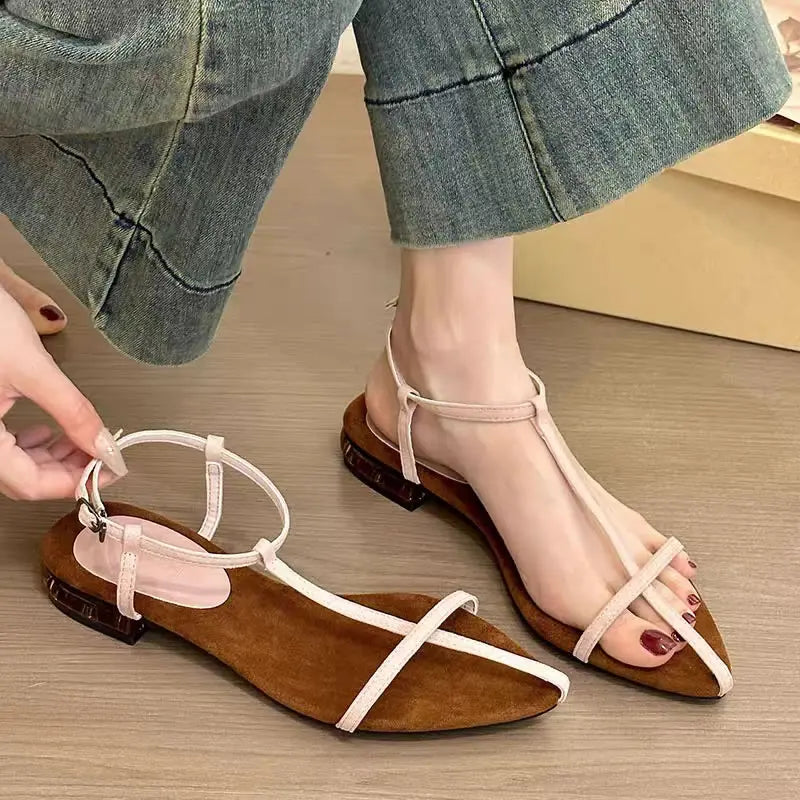 Fashion Sandals Thin Low Heels Pointed Open Toe Ankle Strap Dress Shoes,Solid Color Summer Thin Low Heels Sandals