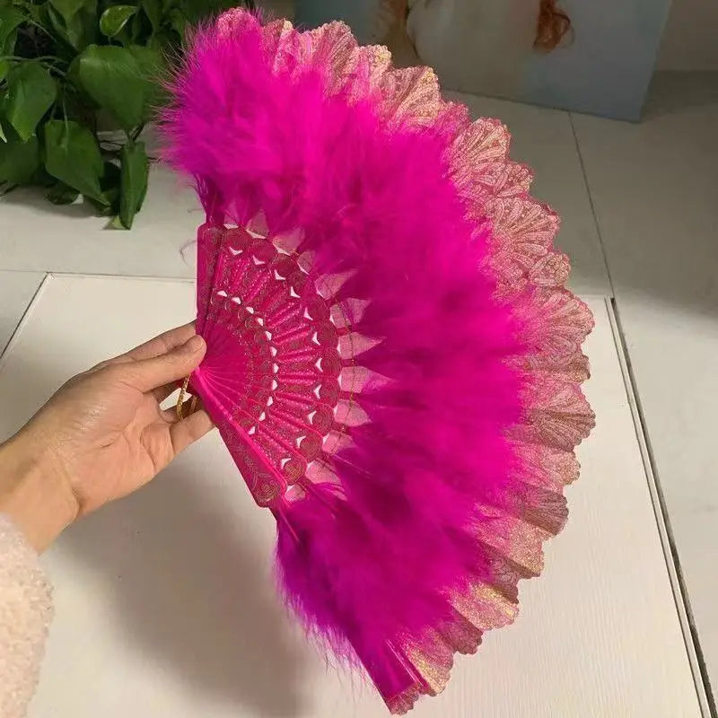 Feather Folding Fan Japanese Sweet Fairy Girl Dark Gothic Court Dance Hand Fan with Pendant Gift Wedding Party Decoration