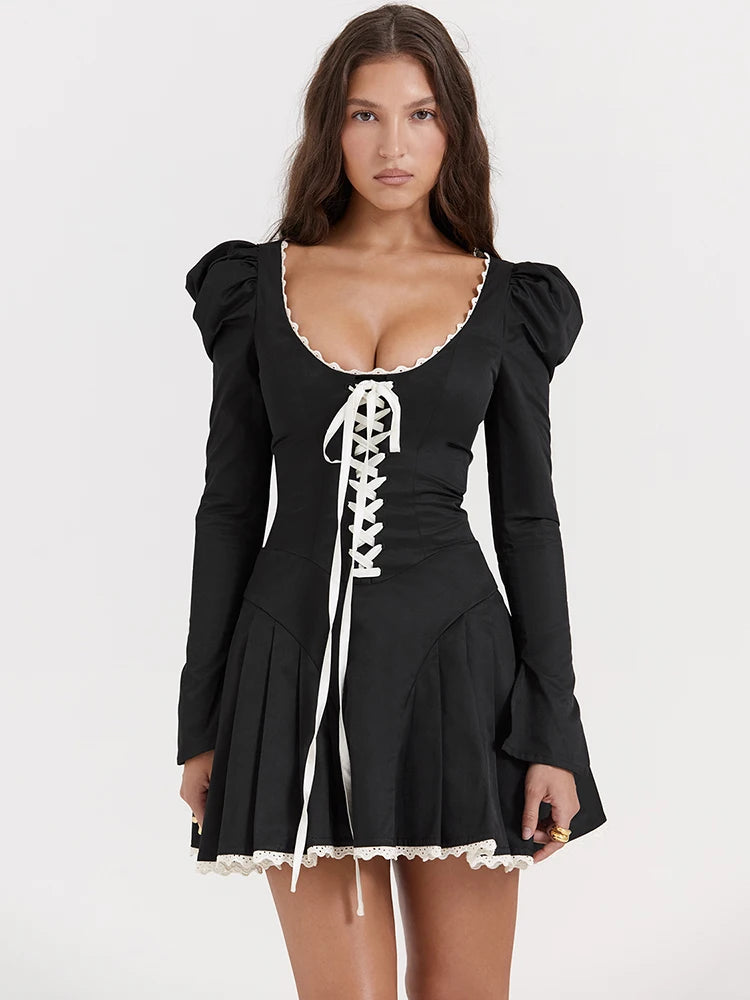 Lace Bandage Puff Sleeve Mini Dress Square Collar Ruched Dress Vintage Elegant