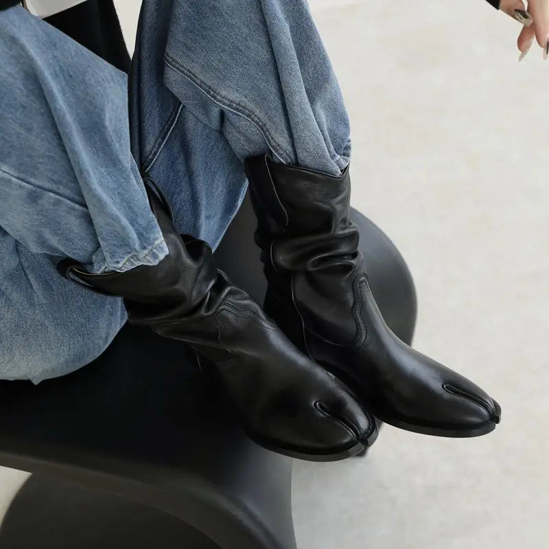 Boots Split Toe Shoes Black Ankle Cowboy Boots Chunky Heel Slip-on Leather Boots