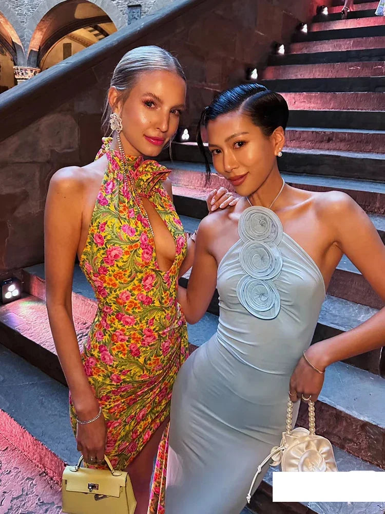3D Flower Bodycon Long Dress Women Light Blue Sleeveless Lace-up Floor Length Dress
