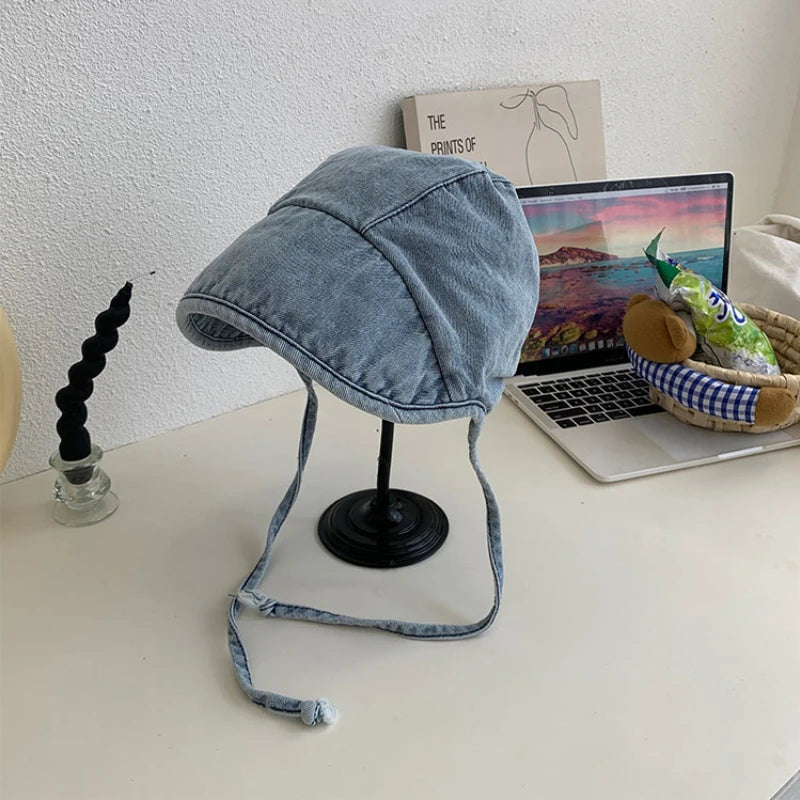 Japanese and Korean Retro Denim Bucket Hat Women's Fashion Tie Four Seasons Washed Denim Basin Hat Short Brimmed Sun Hat