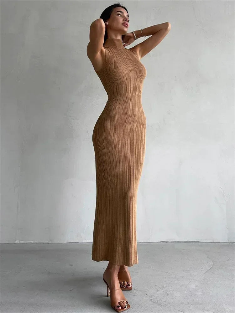 Knitted Turtleneck Sleeveless Bodycon Dress For Women Elegant Rib Knit Long Dress High Waist Party Dresses Vestido