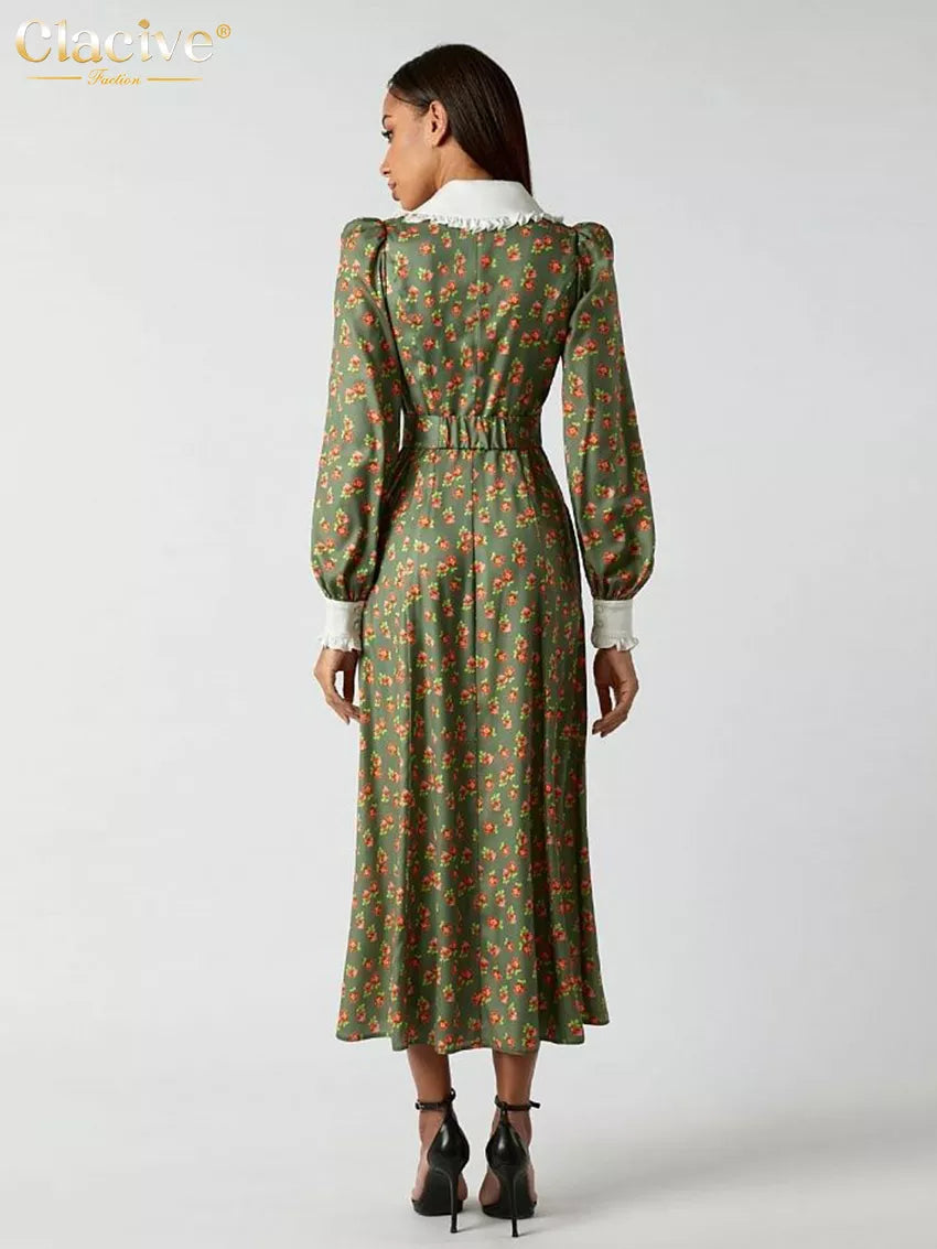 Elegant Doll Collar Long Sleeve Midi Dress Casual Single Breasting