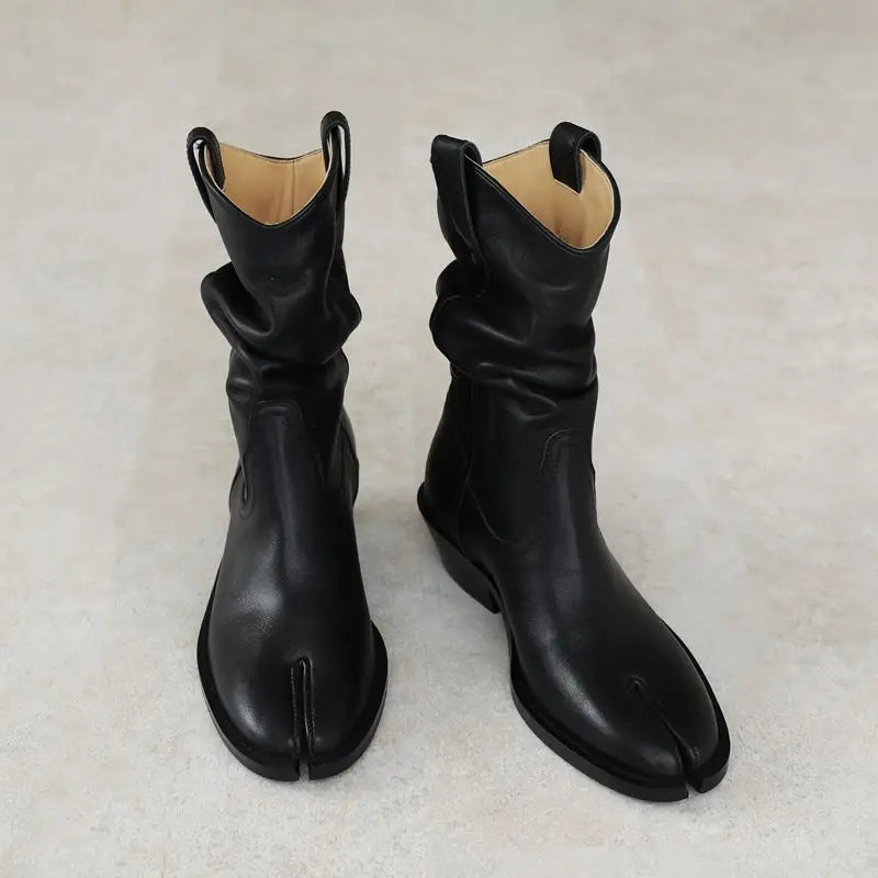 Boots Split Toe Shoes Black Ankle Cowboy Boots Chunky Heel Slip-on Leather Boots