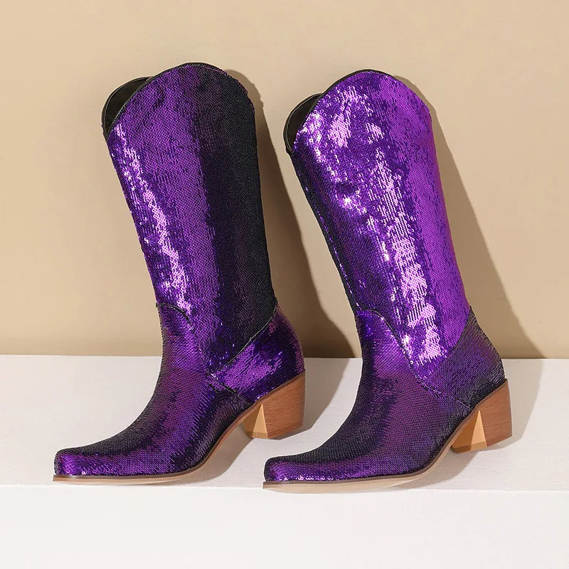 Sequin Bling Chunky Western Boots Women Platform Stylish Comfy Shoes