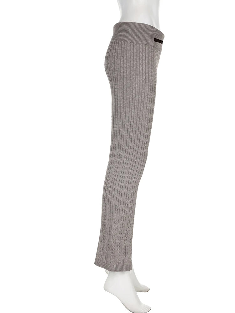 Casual Basic Knitted Flares Pants Autumn Winter Slim Solid Turn-Down Waist Low-Waisted Pants Women Fashion Streetwear