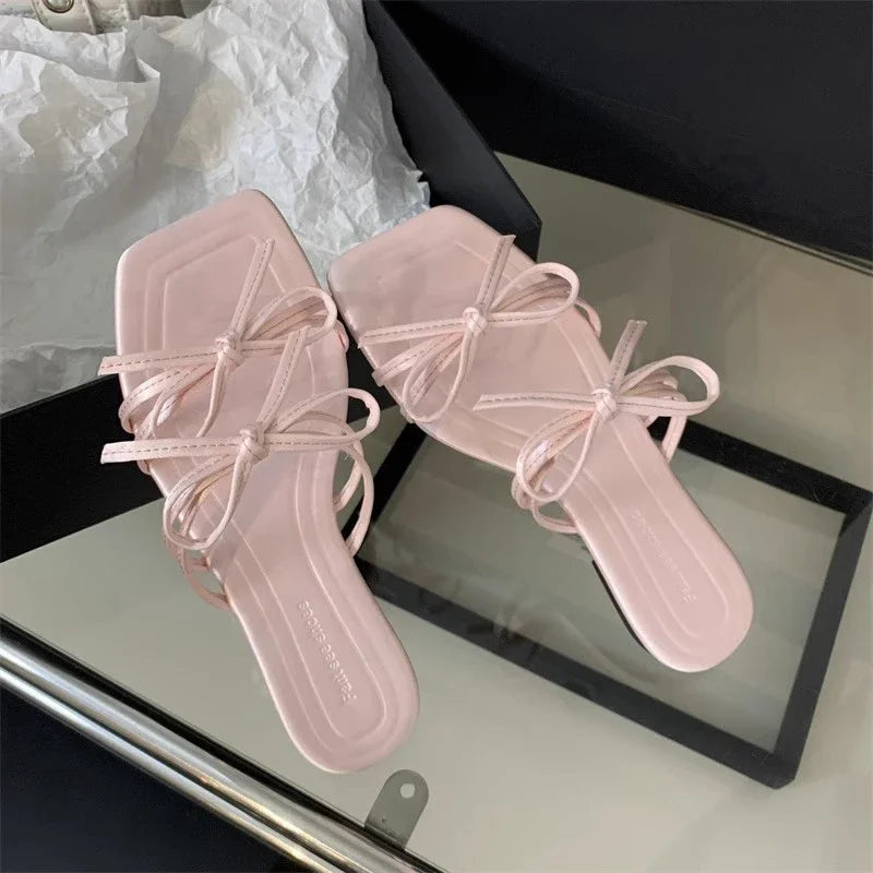 Fashion Bow-knot Shoes Square Toe Slip On Slides Shoes Flat Heel Sandals