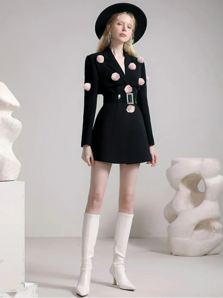 Winter New Long Sleeve Flower Blazer Dress High Street Celebrity Designer Office Lady A-line Belt Jackets Coat