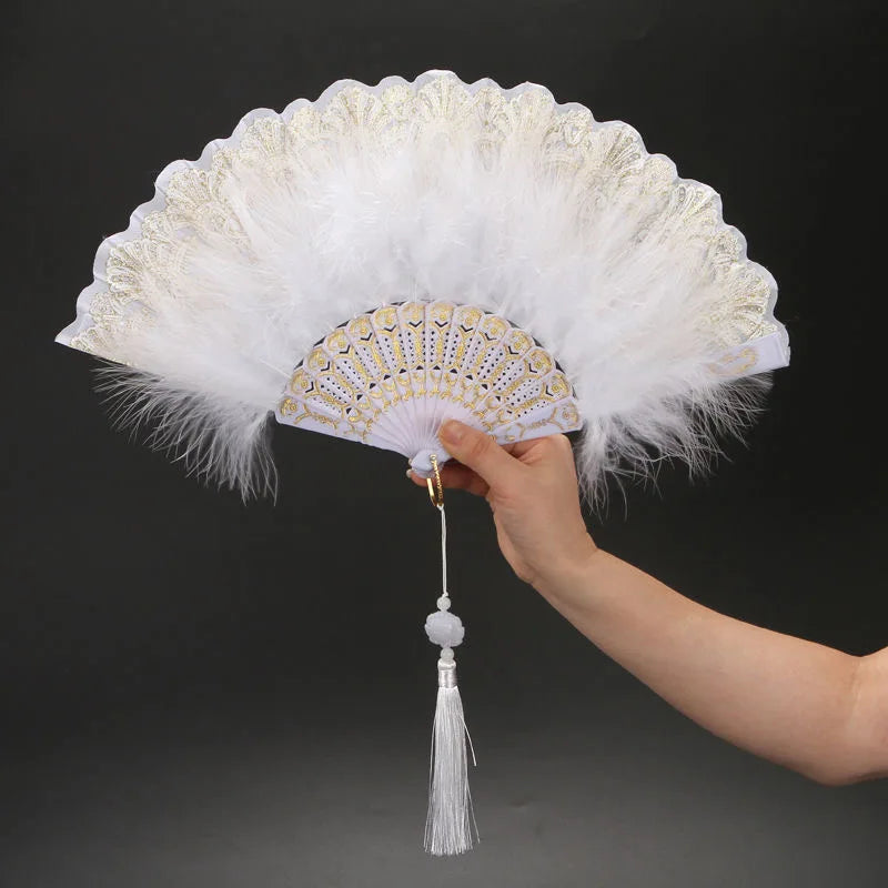 Feather Folding Fan Japanese Sweet Fairy Girl Dark Gothic Court Dance Hand Fan with Pendant Gift Wedding Party Decoration