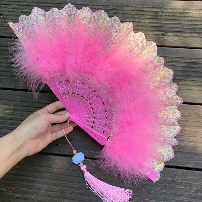 Feather Folding Fan Japanese Sweet Fairy Girl Dark Gothic Court Dance Hand Fan with Pendant Gift Wedding Party Decoration