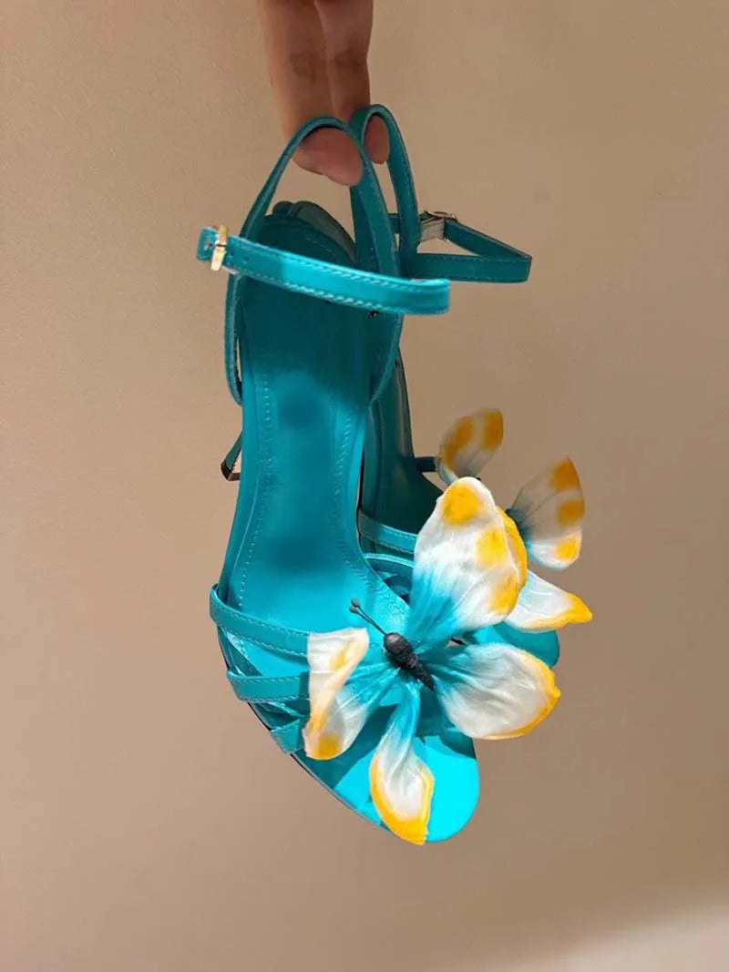 2024 Summer New Green Butterfly Crossed Thin Belt Irregular Heel High Heel Sandals Hollow One Button