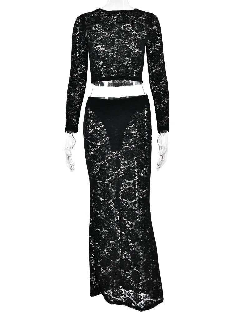O Neck Lace See Through Long Sleeve Solid Two Piece Set Maxi