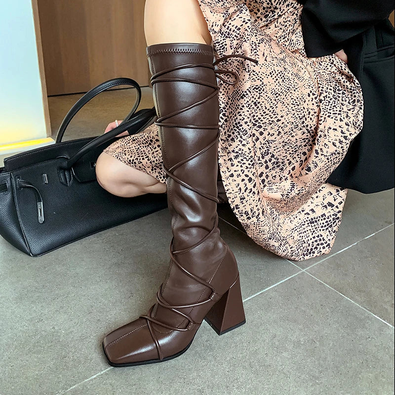 Knee High Long Boots Leather Square Toe Zip High Boots