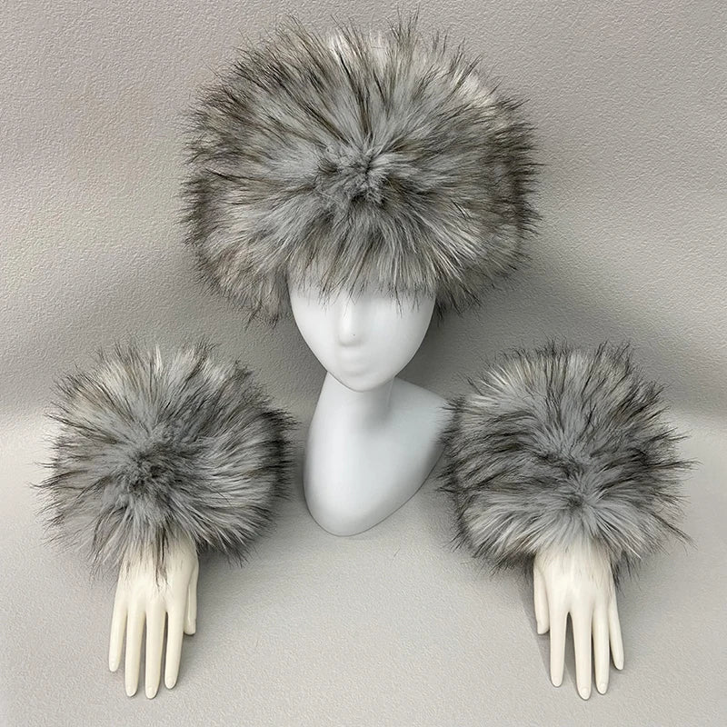 Ring Scarves Cuffs Faux Fur Raccoon Detachable Fur Sleeve Winter Luxury Warm Fox Fur Scarf Wrist Cuffs Gloves Set