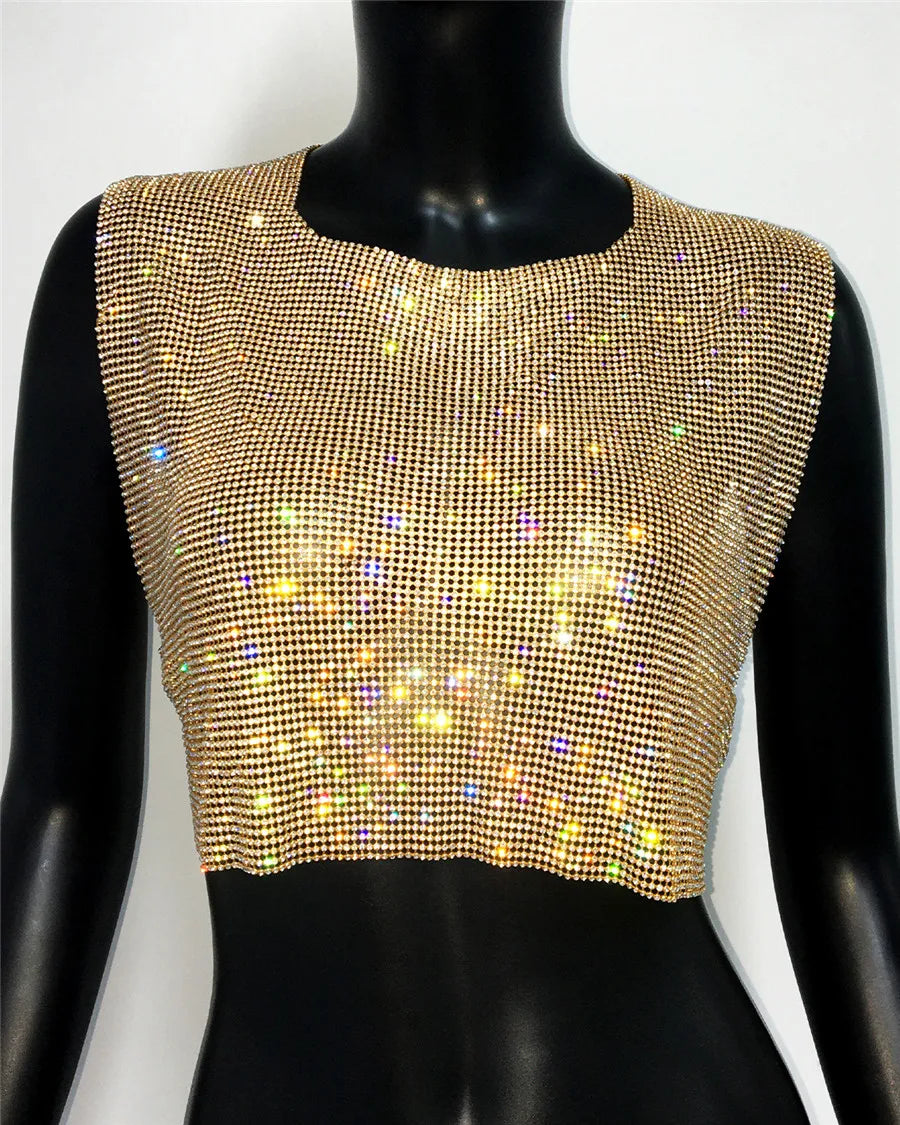 Shiny Rhinestone Sequins Crop Top Sexy Backless Round Neck Metal Tank Top