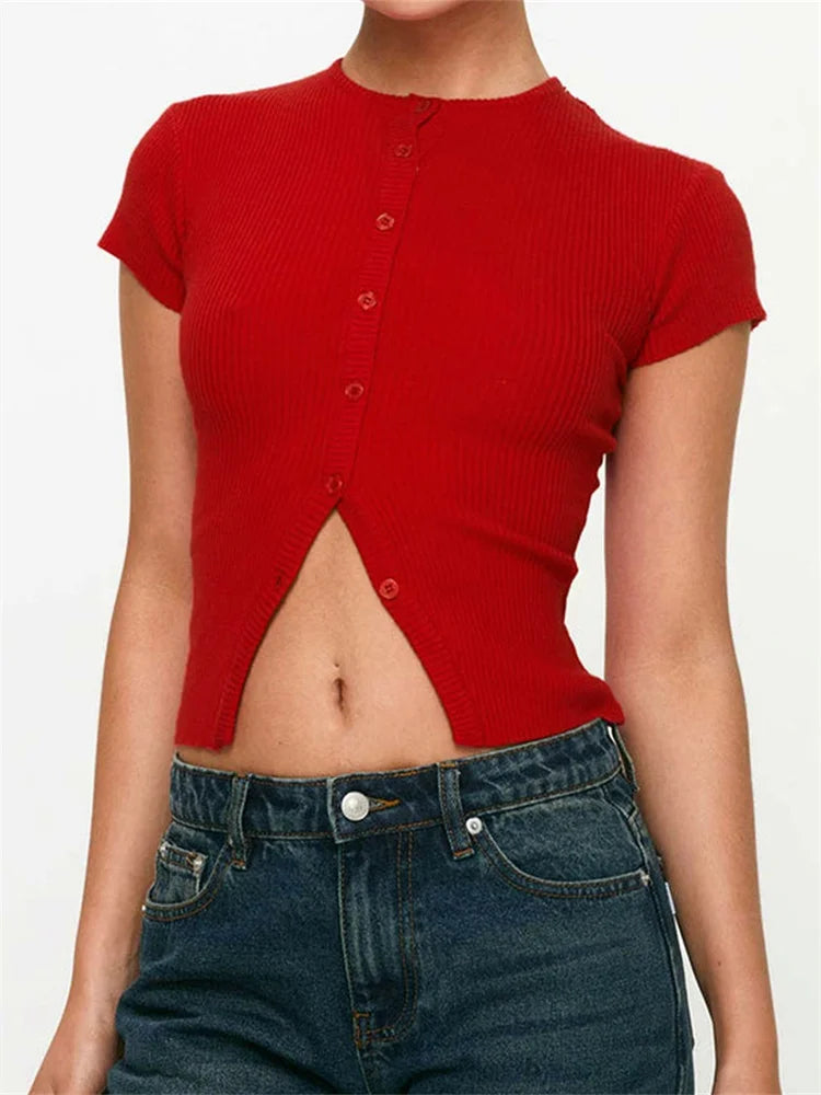 Women's Summer Tops Short Sleeve Round Neck Button Up Slim Fit T-shirt Solid Color Casual Shirts
