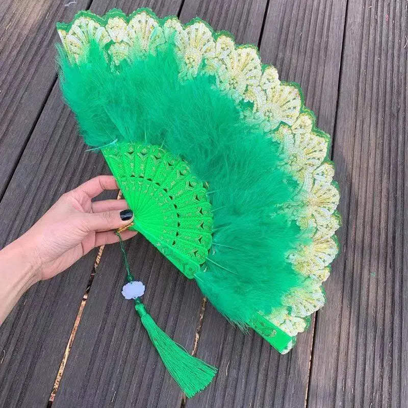 Feather Folding Fan Japanese Sweet Fairy Girl Dark Gothic Court Dance Hand Fan with Pendant Gift Wedding Party Decoration
