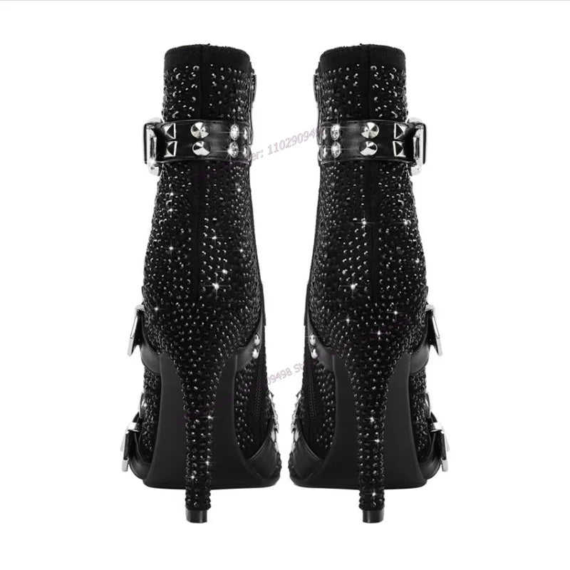Black Crystal Decor Ankle Boots Strappy Decor Pointed Toe Shoes Thin High Heels